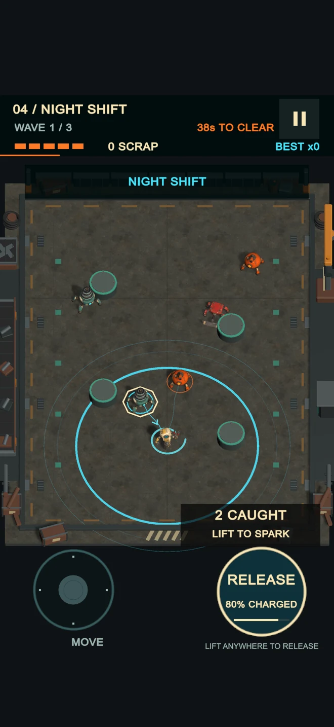 Night Shift arena with a mixed swarm of scrapyard bots