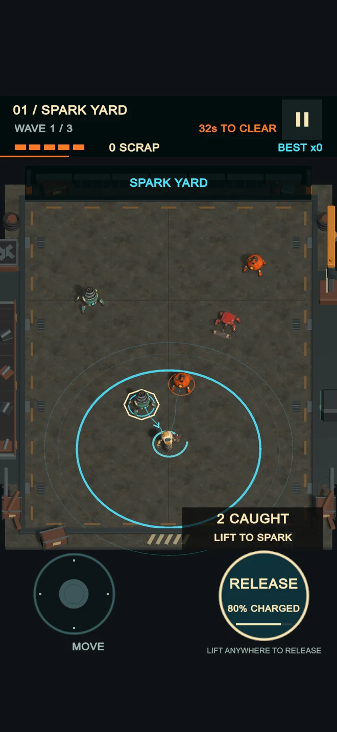 Spark Yard gameplay, with the magnet gathering scrap bots inside the blue spark ring